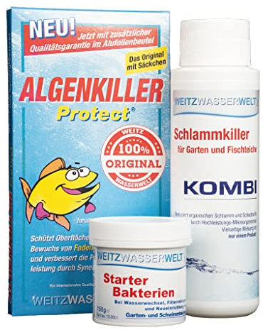 ALLinONE STARTERSET - Teich Oberflächenschutz, Schlammentferner & Teichbakterien - ALGENKILLER Protect® stark gegen Algen, Kombi Schlammkiller für Schlammreduktion & Starter Bakterien für Bio-Balance