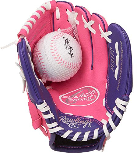 Rawlings Unisex – Erwachsene Players Series T-Ball & Youth Baseball Glove | Sizes 9-11.5 | Multiple Styles PL91PP-12/0 Handschuh für Rechtshänder, 22,9 cm P/Inf, Pink/Lila mit Kugel, 9 | Ages 3-5
