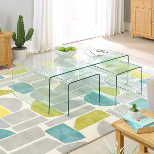 The Furniture Market Geo-Glass Rectangular Coffee Table With Two Nest Tables | Modern Italian Design | 12mm Toughened Glass | Bevelled Edges | Space-Saving | No Assembly | H 400 x L 1100 x W 600mm