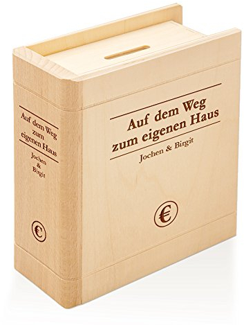 Spardose Buch aus Holz mit Gravur – Auf dem Weg zum eigenen Haus – Personalisiert mit Namen - Sparbuch als originelles Hochzeitsgeschenk - Geldgeschenk-Sparbüchse aus Ahornholz - 13,5 x 16,5 x 6,5 cm