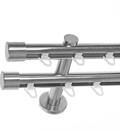 BASIT Gardinenstange Innenlauf Edelstahllook 20mm 2-läufig Wand 400cm H40 | Gardinenstangenset doppelläufig Wandmontage Metall Vorhangstange Wandhalterung 120-600cm wählbar Kappe E30