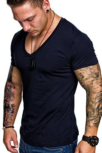 Amaci&Sons Oversize Herren Slim-Fit V-Neck Basic T-Shirt V-Ausschnitt 1-0006 Navyblau XXL