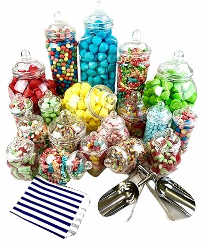19 Empty Plastic Sweet Jars Vintage Victorian Pick & Mix Sweet Shop Candy Buffet Kit Party Pack incl Scoops Tongs and Bags
