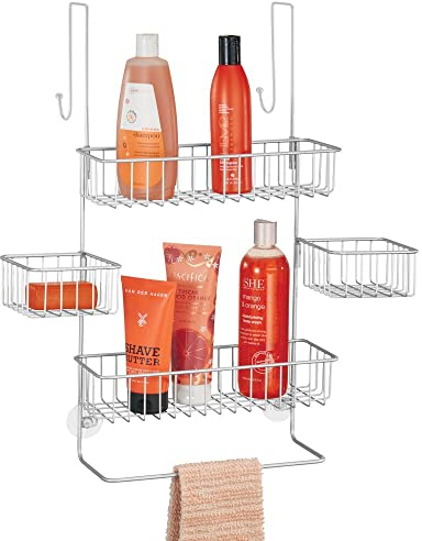 mDesign Duschkorb zum Hängen – praktische Duschablage ohne Bohren – Badregal aus Metall mit 4 Körben, 2 Haken und Stange für Waschlappen – silberfarben