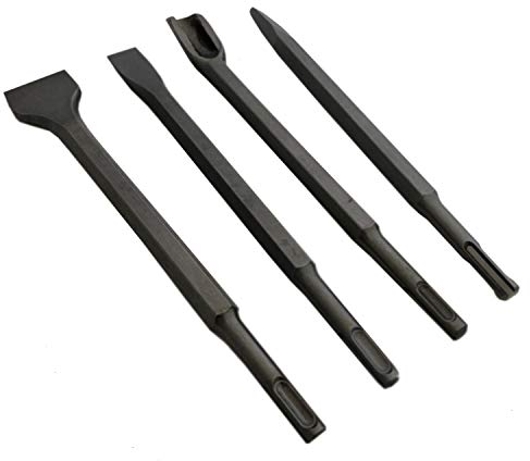 4-Piece 250 mm Pointed Chisel Spade Chisel Flat Chisel Channel Chisel Stone Chisel Concrete Chisel Set with SDS Plus Attachment