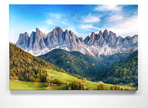 Atemberaubendes Berg Bild Dolomiten, Santa Maddalena Italien - 90x60cm große XXL Leinwand. Wandbild als Hintergrund und Deko für Wohnzimmer & Schlafzimmer. Fertig aufgespannt auf 4cm Holz-Keilrahmen