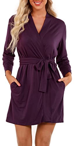 Vestaglia Donna Accappatoio Camicie da Notte Scollo a V Camici per Casa Nightdress Manica a 3/4 con Cintura Elegante Comodo per Casa e Vacanza,Fucsia L