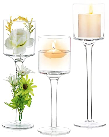 NUPTIO 1 Set Glass Candle Holders for Pillar Candle & Floating Candles, Glass Tealight Candle Holder Clear Table Candle Holders for Wedding Party Centerpiece Christmas Halloween Home Decor