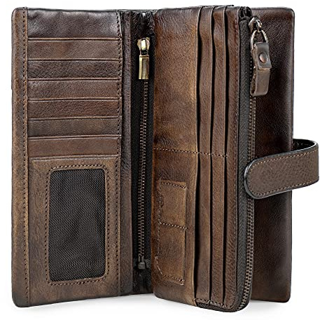 VRHUIS Damen-Geldbörse, Leder, Vintage, große Kapazität, Kreditkarten-Clutch