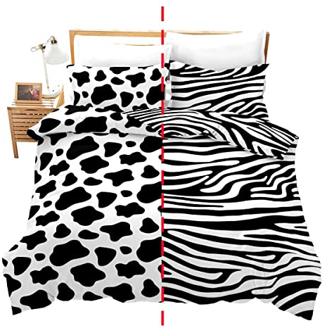 Loussiesd Kuh Drucken Bettdecke 200x200cm Zebra-Streifen Bedruckt Steppbett Für Kinder Jugendliche 3D Tierhaut Steppdecke Schwarz-weiß Fell Schlafzimmer Dekor Wendbar 3St