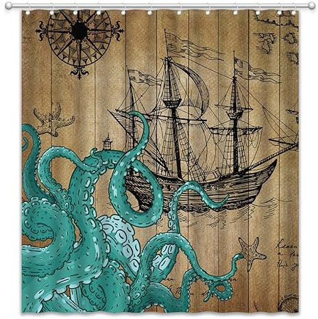 CCNSTMS Nautical Octopus Shower Curtain Kraken Retro Pirate Ship Sketch Sailboat Compass Marine Life Tentacle Fabric Bathroom Decor Curtain Set with Hook