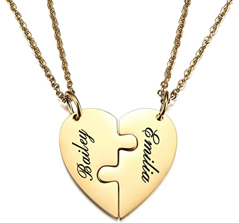MunkiMix Personalisierte Halskette für Männer/Frauen, Paar-/Freundschaftskette für 2/3/4/5 Teile, Schwarz/Silber Herz-Puzzle-Teile-Halsketten-Sets, Name/Text-Gravur Edelstahl-Halskette (2 Stück)