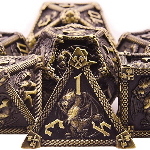 SIQUK 7 Stücke Würfel Metall Set DND Würfel Polyedrisch Würfel Metall Spielwürfel D20 D12 D10 D% D8 D6 D4 DND Dice Metal für RPG D&D Dungeons and Dragons, Bronze