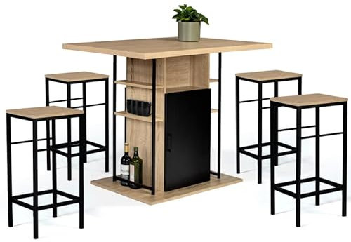 IDMarket - Ensemble ilot central 110 cm bois noir et imitation hêtre et 4 tabourets design industriel