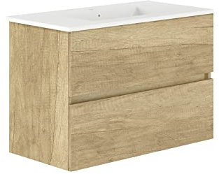 Baikal, Conjunto de baño Natura. Mueble de Baño de Fondo Reducido, con Lavabo cerámico. Distribución Dos Cajones. Mueble MONTADO. Dos Cajones sin Espejo. Fondo 36cm 80 cm Nature