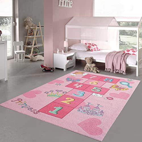 Prinzessinnen Hüpfspiel Kinder Spielteppich mit Schmetterlingen & Herzen in pink, 120 x160 cm