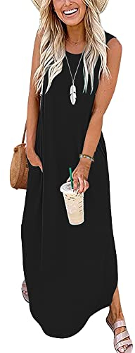 AUSELILY Robe Longue Femme Ete sans Manches Robe de Plage Maxi Casual Femme Longue avec Poches Noir S