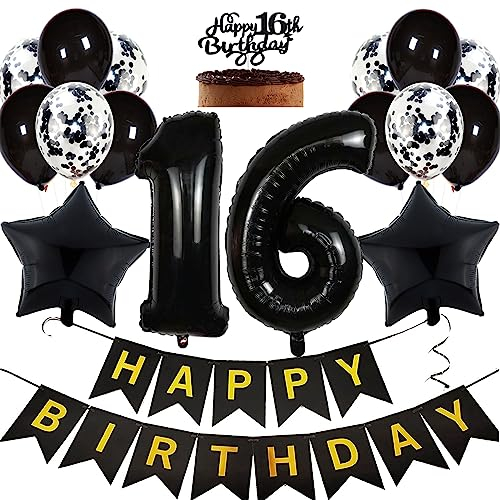 Feelairy Geburtstagsdeko 16 Jahre Junge, Luftballon 16. Geburtstag Deko Mädchen, Schwarz Tortendeko Happy 16th Birthday Deko 16 Jahre Mädchen, Ballon 16. Geburtstag Party Dekoration Set
