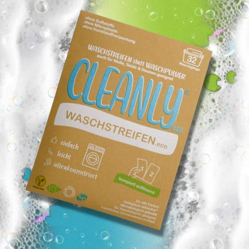 CLEANLY eco Waschstreifen | 32 Waschblätter - Waschmittelblätter | Universalwaschmittel - vegan plastikfrei biologisch - abbaubar wasserlöslich hypoallergen | Allergiker Waschmittel
