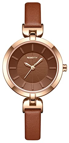 JewelryWe Damenuhr Elegant Analog Quarz Armbanduhr mit Schmal Echtleder Leder Armband Damen 30m Wasserdicht Lässige Uhr mit Dreidimensionalem Zifferblatt für Frauen Mädchen Braun
