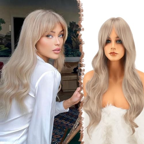 FESHFEN Lange Gewellt Perücke mit Pony, AshBlonde Lange Lockige Perücken mit Pony, Locken Haar Wigs Party Cosplay Wigs, Platinblond Long Bangs Wigs Natürlich Synthetik Perücken für Frauen Damen, 65 cm