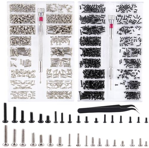 1000 Stück Kleine Schrauben Set Mini Schrauben Sortiment Kit M1.2 M1.4 M2 Winzige Mikroschrauben Set Uhrenbrille Computer Ersatzschrauben Reparaturschrauben Set mit Schraubendreher Pinzette