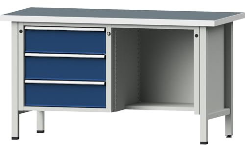 ANKE | Werkbank | Gestellbauweise Serie V | 3 Schubladen | ½ Ablageboden | Universalplatte | Teilauszug