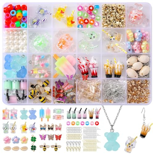 MJARTORIA Charms Anhänger Set, Schmetterling Bär Bubble Tea Pony Perlen Kleeblatt, Schmuck Selber Machen Set für Ohrringe Armband Halskette Schlüsselanhänger, DIY Geschenk für Kinder Erwachsene