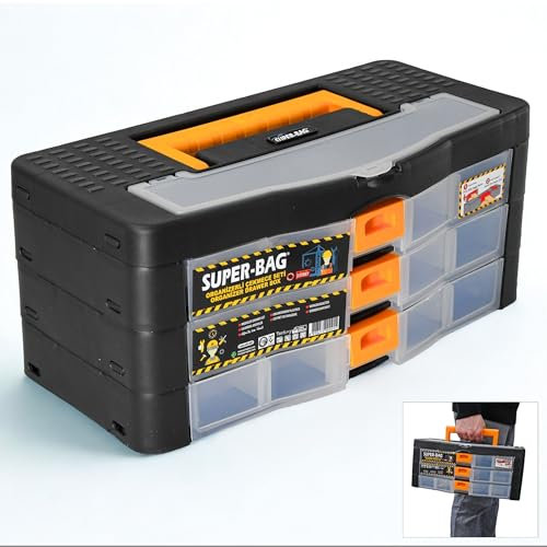 Werkzeugkoffer Kleinteile Organizer 3 Schubladen 390x190x170mm Sortierkasten 16 Innenfächer verstellbar Sortimentskasten stapelbar Werkzeugbox Aufbewahrungsbox Kleinteilemagazin