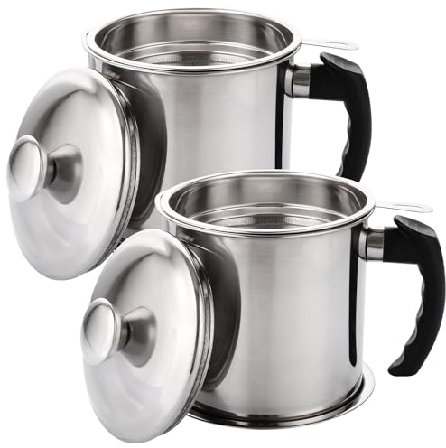 GBACHOOSE 2 Pcs Oil Strainer Pot Grease Can, 1.3L Stainless Steel Oil Container with Strainer, Bacon Grease Container with Lid and Non-Slip Plate for Storing Frying Oil and Cooking Grease