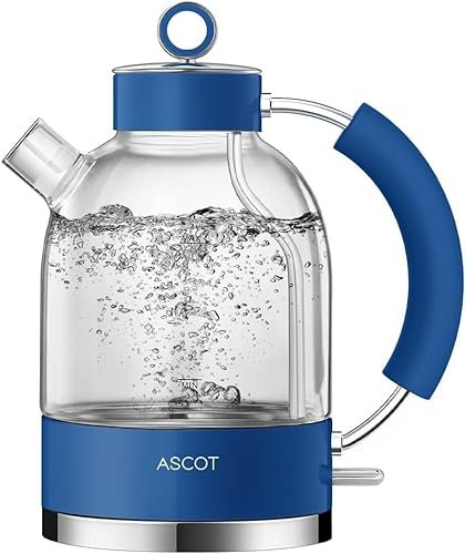 ASCOT Wasserkocher Glas, Elektrischer Wasserkocher Geschenke für Männer/Frauen/Familie 1,5L Schnellkochkessel, Trockengehschutz und automatische Abschaltung (Klassisch Blau)