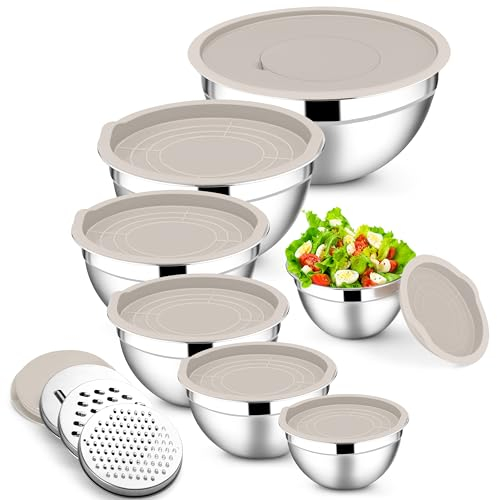 E-far Rührschüsseln mit Deckel Set, 7-teiliges Edelstahl Metall Rührschüsseln mit Reibeaufsätzen, Größe 4,6, 3,5, 2,6, 2, 1,5, 1, 0,7QT, Nesting Design & Khaki luftdichte Deckel, zum Kochen /