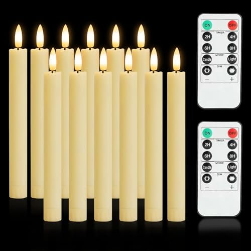 YushengTai 12 Pcs Stabkerzen LED, 25cm Kerzen Lang Dünn LED Stabkerzen mit Timerfunktion & Flackernd, LED Stabkerzen mit Fernbedienung für Innendekorationen, Helloween Deko (Batterien Nicht)