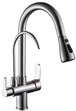 3 Voies Mitigeur Robinet Cuisine Eau Potable Robinetterie à Ressort Pivotant à 360° avec 2 Jets Modes Eau Chaude et Froide Nickel brossé-D