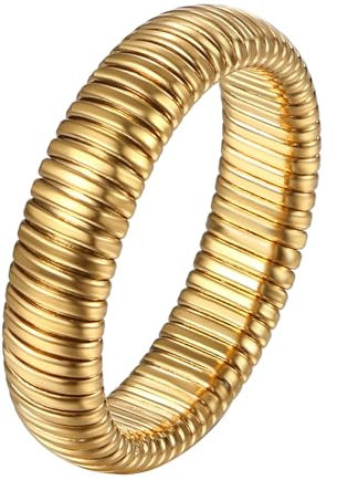 Flongo Elastische Chunky Ring Unisex: Gold Edelstahl Ring Schlicht 6mm echt Klassisch Stretchringe Mikro Elastisch Stapelbar Stressresistent Stilvolles Geschenk Damen Herren