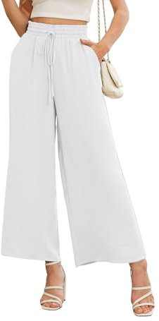 Anelune Damen Hosen Sommer Weite Hohe Taille mit Taschen Damen Hose Sommer Weiß L