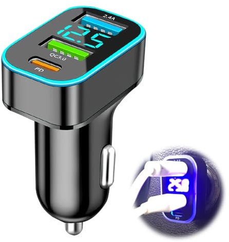 Caricabatterie Auto USB C 66W, Adattatore Accendisigari con 3 Porte (QC3.0, PD 30W, 2.4A), Voltmetro LED Integrato, Compatibile con iPhone, Android, Samsung, Tablet