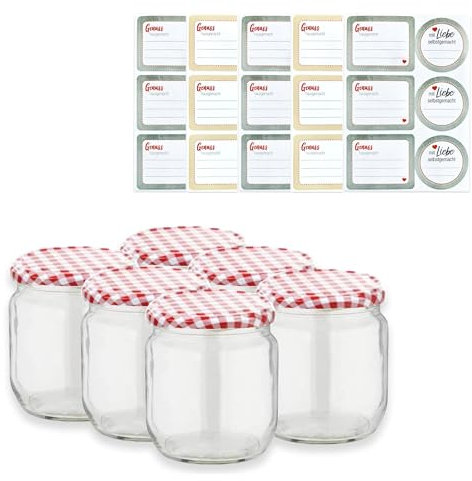 HLKauf Marmeladengläser Einmachgläser mit Schraubdeckel 6er Set Einweckgläser 425 ml Einmachglas inklusive 5x6er Etiketten zum beschriften & GRATIS Block