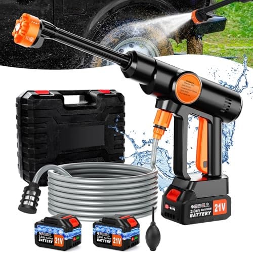 21V Idropulitrice a Batteria, Idropulitrice Professionale Portatile con 2 Batterie da 3000mAh, Ugello 6 in 1, Tubo da 5M, Serbatoio in Schiuma, Idropulitrice Senza Fili per Auto Giardino