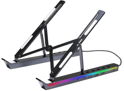 Soporte para computadora portátil, ajustable con disipación de calor, soporte luminoso RGB para computadora que añade puertos USB y tipo C, portátil plegable con bolsa de almacenamiento, adecuado para