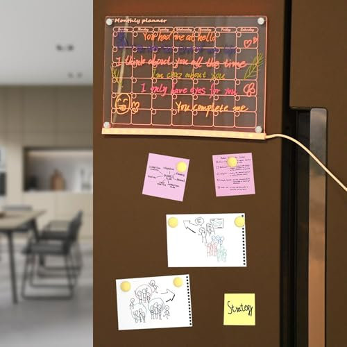 Magnetic Calendar for Fridge, Clear Acrylic Magnetic Monthly Planning Board with LED Backlight, Reusable Dry Erase Magnetic Fridge Calendar Includes 7 Markers(12 x 8)