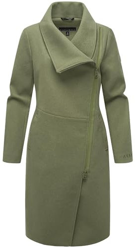 Navahoo Damen lange Übergangsjacke Mantel in Woll-Optik mit asymmetrischem Kragen und wasserdichtem Reißverschluss Samtrose 14 Olive Leaf Gr. S