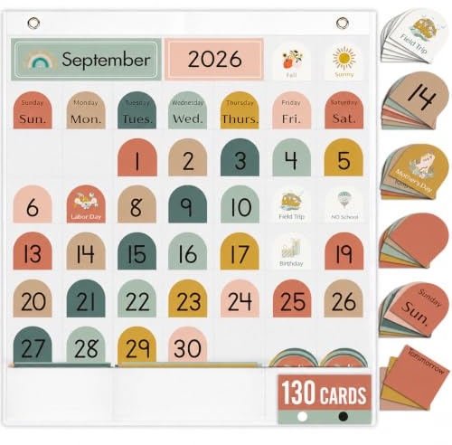 Klassenzimmer-Monatskalender, Taschendiagramm für Kinder, 130 Karten, Wand-Boho-Kalender und Wetter, Lehrerbedarf für Kindergarten, Vorschule, Grundschule