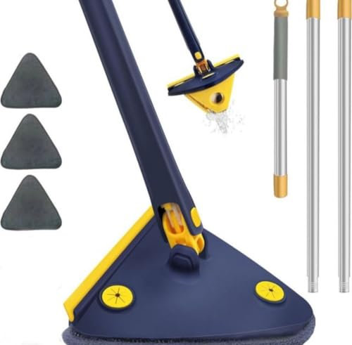 Mopa Triangular 360 con 3 Recambios, Limpia Suelos, Techos, Paredes y Ventanas, Mopa Autoescurrible Giratoria Triangular Microfibra, Fregona Autoescurrible 360