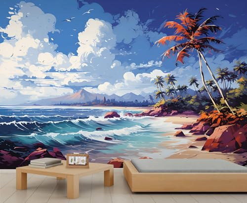 FACADUP Beach Murals, Anime Painted Ocean Wall Mural Wallpaper, Coastal Coconut Tree Wallpaper for Living Room Bedroom Decor 390x260cm Nature Ocean Scenic Decorative (Not Self-Adhesive)