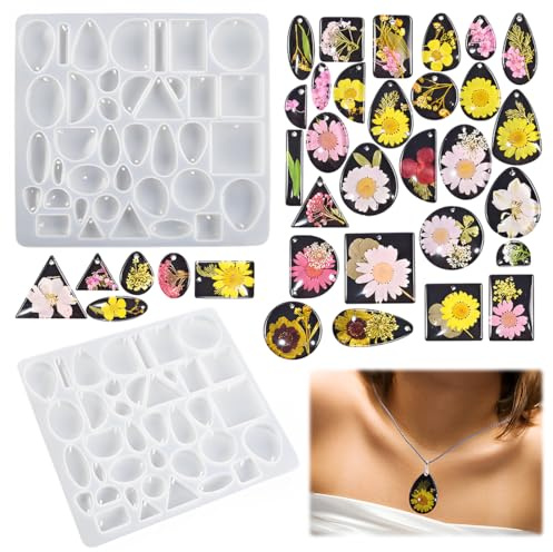 NOPKESV Set di stampi in silicone per gioielli, 1 pezzo, stampi per resina epossidica, ciondolo in resina epossidica, 48 cavità, cordino e ciondolo clip, collana gioielli fai da te
