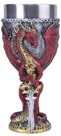 DINTSTYLE Mittelalter Drache Kelch, Gotischer Drachen Kelch, Goblet Resin Wine Cup with Stainless Steel Lining,Fantasy Dungeons and Dragons Chalice,200 ml (Rot Schwert-Drache)