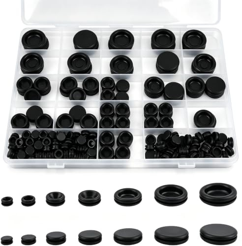 200PCS Rubber Grommet Kit, Black Firewall Hole Plugs for Cars, Boats, Plumbing, Cable Wire Grommets for Electrical Wiring, Pumps, Cord Management