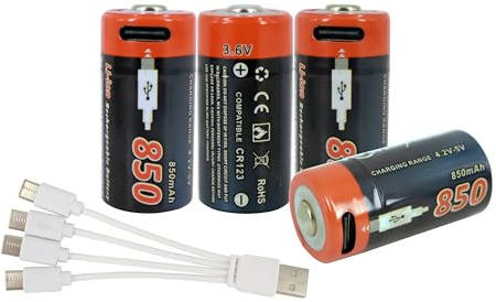 PowerSmart® Akkus (4 Pack) USB-C CR123A 850mAh 3.6V Batterie, wiederaufladbar, mit 4-in-1 USB Ladekabel für Taschenlampen, Fernbedienungen, Kameras