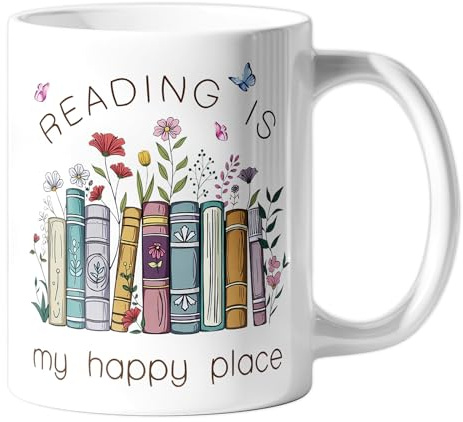 BelleFlair 325ml Kaffeetasse mit Blumen, Buchtasse für Frauen, Keramik Tasse Bücher, Bookish Merch Geschenk, Büchertasse für Lehrerin, Reading is My Happy Place, Book Accessories, Coffee Cup